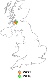 map showing distance between PA23 and PA16