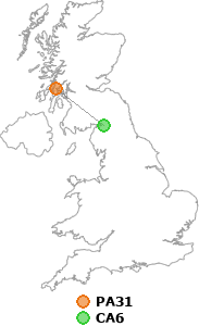 map showing distance between PA31 and CA6