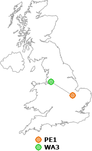 map showing distance between PE1 and WA3