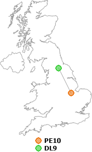 map showing distance between PE10 and DL9