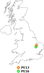 map showing distance between PE13 and PE16