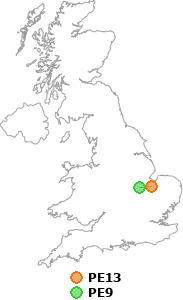 map showing distance between PE13 and PE9