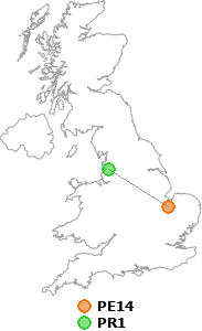 map showing distance between PE14 and PR1