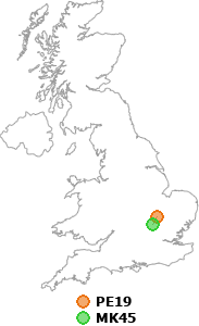 map showing distance between PE19 and MK45
