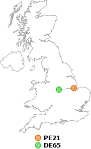 map showing distance between PE21 and DE65