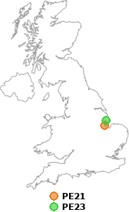 map showing distance between PE21 and PE23