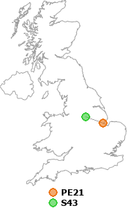 map showing distance between PE21 and S43