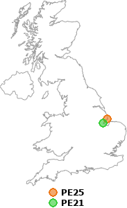 map showing distance between PE25 and PE21