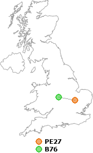 map showing distance between PE27 and B76