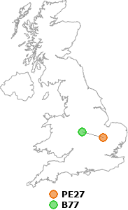 map showing distance between PE27 and B77