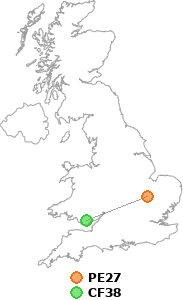 map showing distance between PE27 and CF38