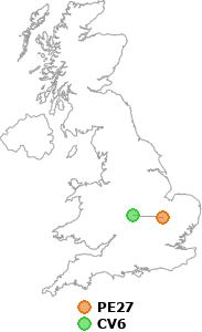 map showing distance between PE27 and CV6