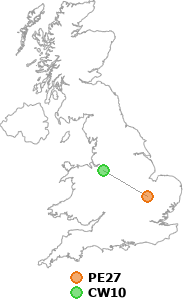 map showing distance between PE27 and CW10