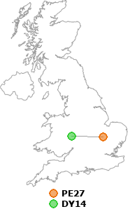 map showing distance between PE27 and DY14