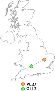 map showing distance between PE27 and GL12