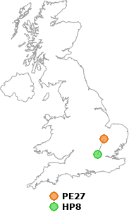 map showing distance between PE27 and HP8