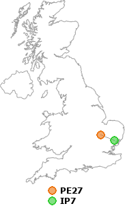 map showing distance between PE27 and IP7