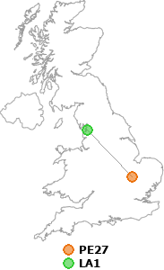 map showing distance between PE27 and LA1