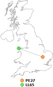 map showing distance between PE27 and LL65