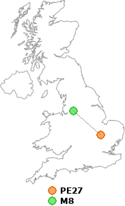 map showing distance between PE27 and M8