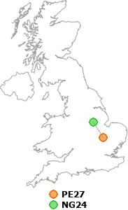 map showing distance between PE27 and NG24