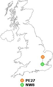map showing distance between PE27 and NW8