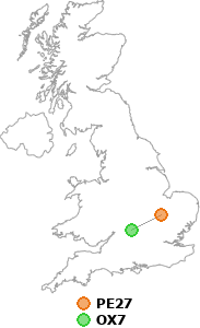map showing distance between PE27 and OX7