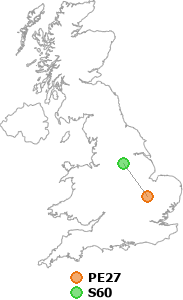 map showing distance between PE27 and S60