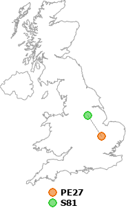 map showing distance between PE27 and S81