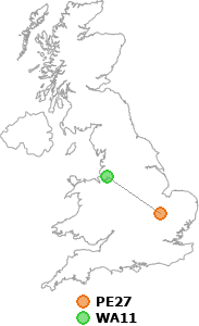 map showing distance between PE27 and WA11