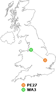 map showing distance between PE27 and WA3