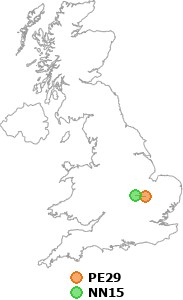 map showing distance between PE29 and NN15