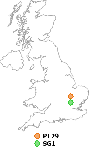 map showing distance between PE29 and SG1