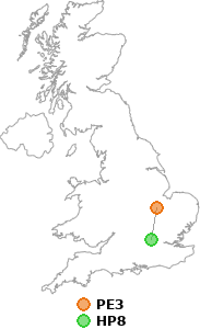 map showing distance between PE3 and HP8