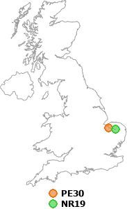 map showing distance between PE30 and NR19