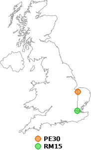 map showing distance between PE30 and RM15