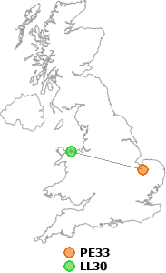 map showing distance between PE33 and LL30