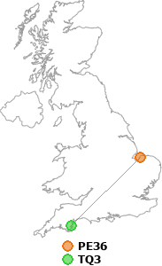map showing distance between PE36 and TQ3