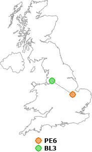 map showing distance between PE6 and BL3