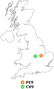 map showing distance between PE9 and CV9