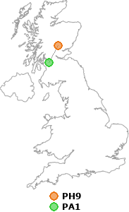 map showing distance between PH9 and PA1