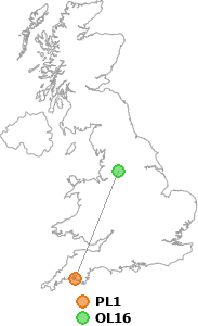 map showing distance between PL1 and OL16