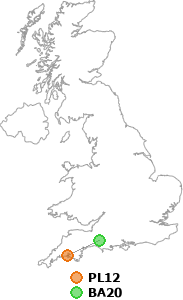 map showing distance between PL12 and BA20
