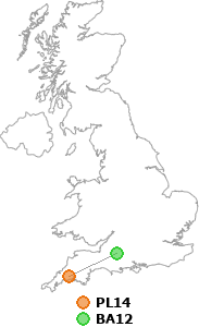 map showing distance between PL14 and BA12