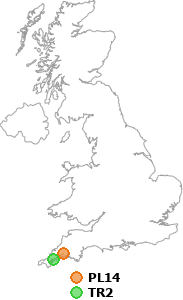 map showing distance between PL14 and TR2