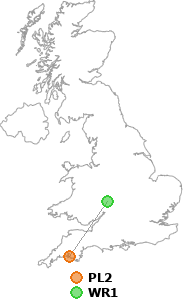 map showing distance between PL2 and WR1