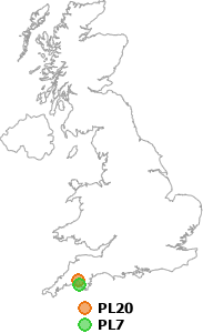 map showing distance between PL20 and PL7
