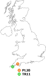 map showing distance between PL20 and TR11