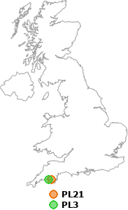 map showing distance between PL21 and PL3