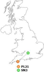 map showing distance between PL21 and SN3